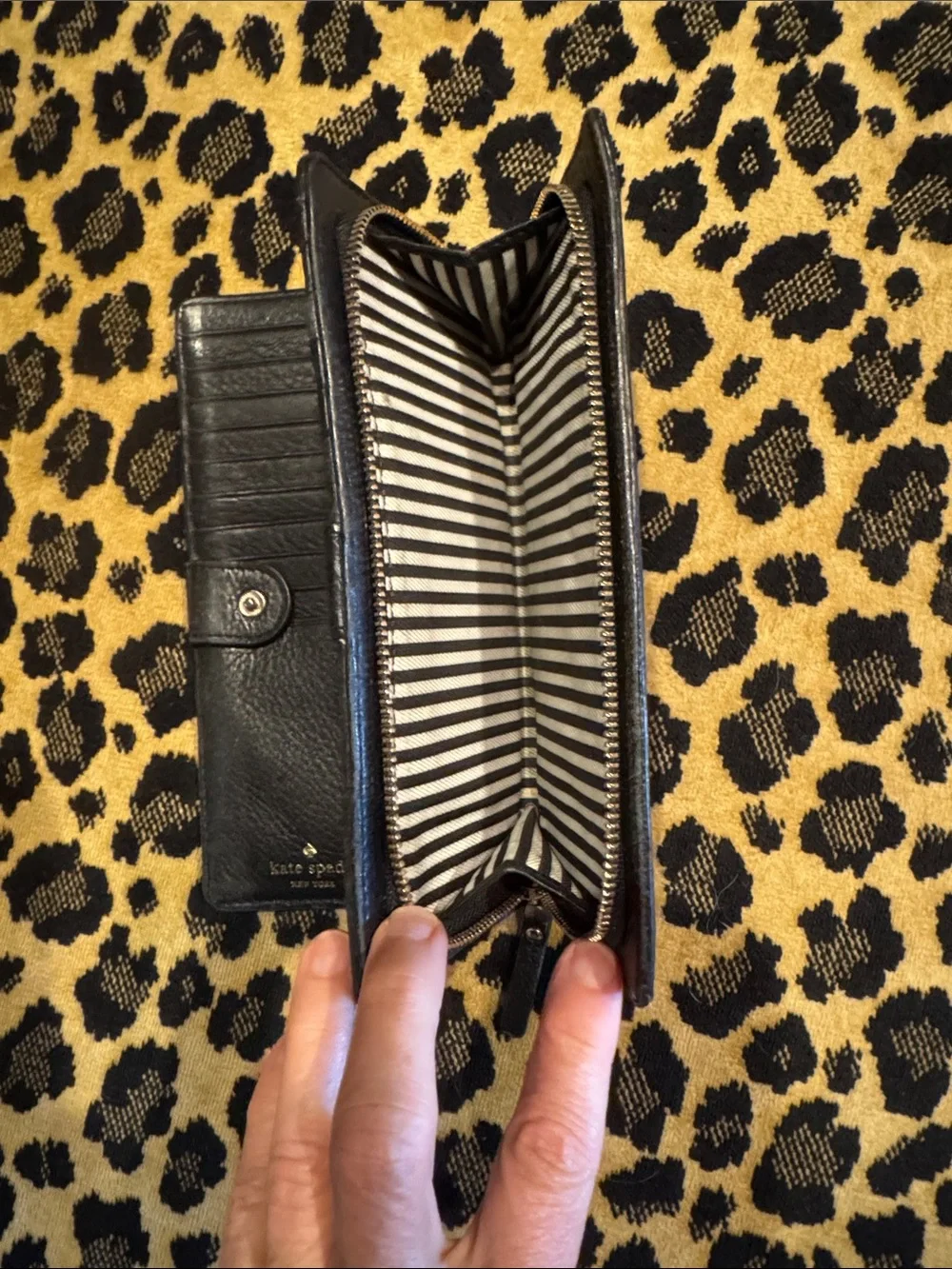 kate spade Black Pebbled Leather Continental Wallet with Gold Logo